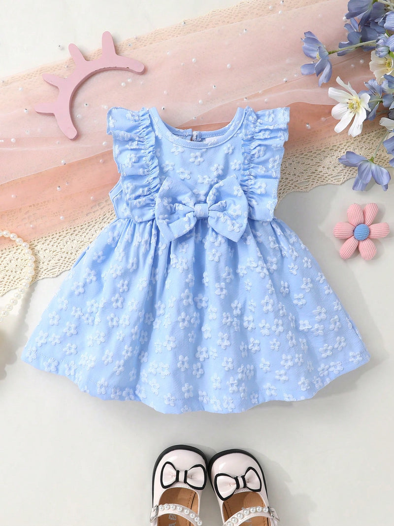 2 peças/Conjunto Vestido de Princesa Sólido com Babado na Barra, Decoração em Laço e Jacquard de Flores, Macio e Confortável, para Meninas Bebê