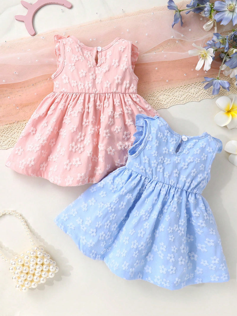 2 peças/Conjunto Vestido de Princesa Sólido com Babado na Barra, Decoração em Laço e Jacquard de Flores, Macio e Confortável, para Meninas Bebê