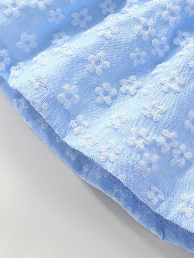 2 peças/Conjunto Vestido de Princesa Sólido com Babado na Barra, Decoração em Laço e Jacquard de Flores, Macio e Confortável, para Meninas Bebê