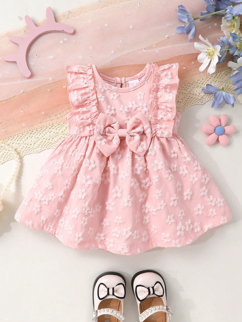 2 peças/Conjunto Vestido de Princesa Sólido com Babado na Barra, Decoração em Laço e Jacquard de Flores, Macio e Confortável, para Meninas Bebê