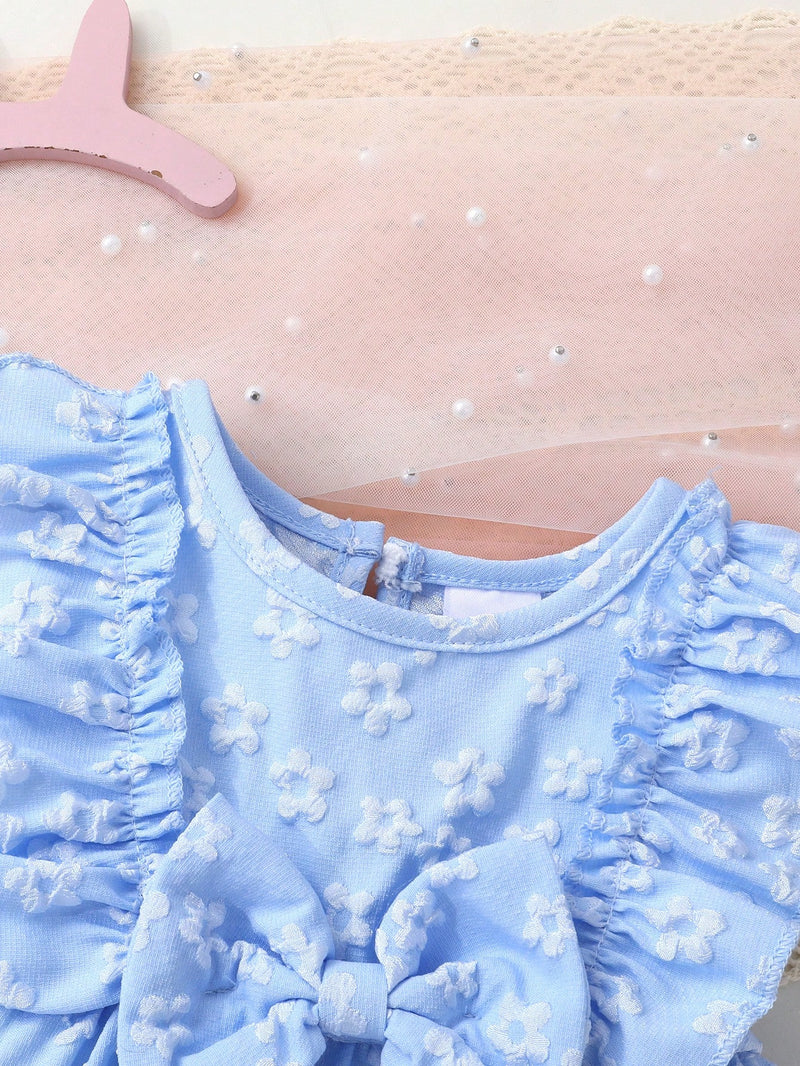 2 peças/Conjunto Vestido de Princesa Sólido com Babado na Barra, Decoração em Laço e Jacquard de Flores, Macio e Confortável, para Meninas Bebê