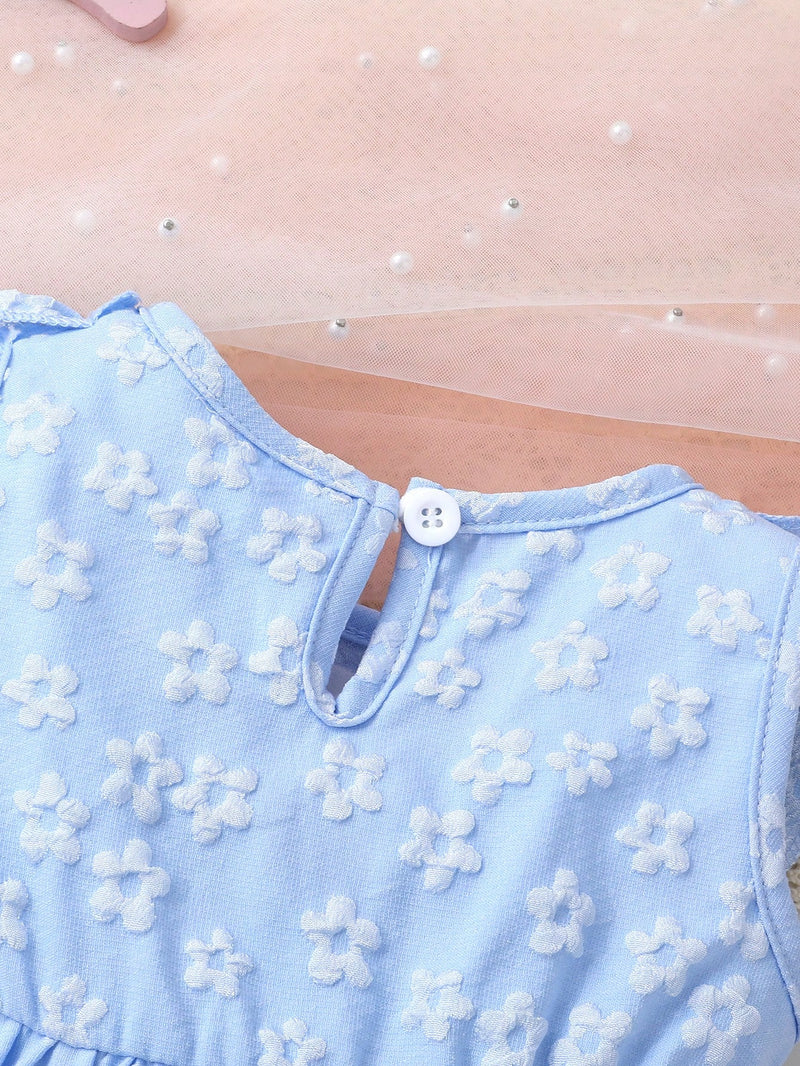 2 peças/Conjunto Vestido de Princesa Sólido com Babado na Barra, Decoração em Laço e Jacquard de Flores, Macio e Confortável, para Meninas Bebê