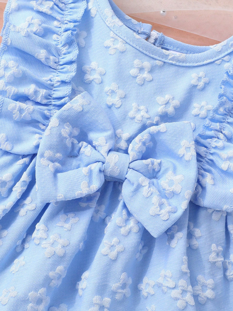 2 peças/Conjunto Vestido de Princesa Sólido com Babado na Barra, Decoração em Laço e Jacquard de Flores, Macio e Confortável, para Meninas Bebê