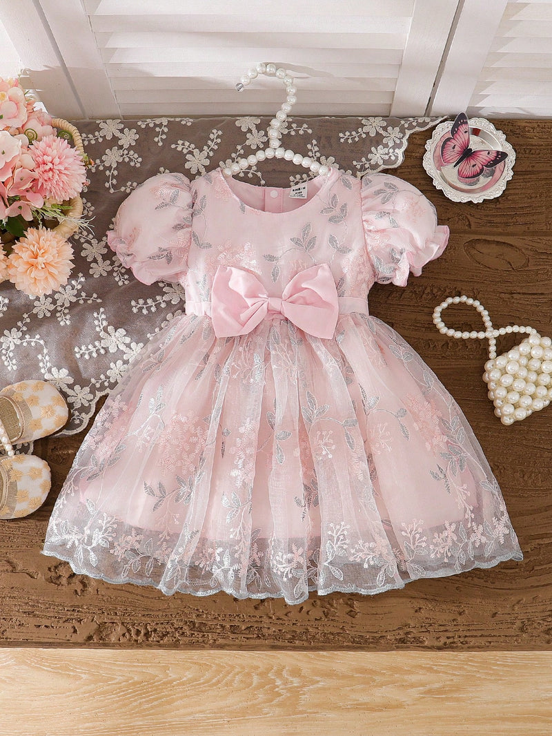Souflis Souflis Vestido Rodado de Bebê Menina, Primavera, Rosa, Estilo Fofo e Luxuoso em Tecido Tule Fofinho, Decote Redondo, Cintura Abrível com Laço, Adequado para Festa e Reunião