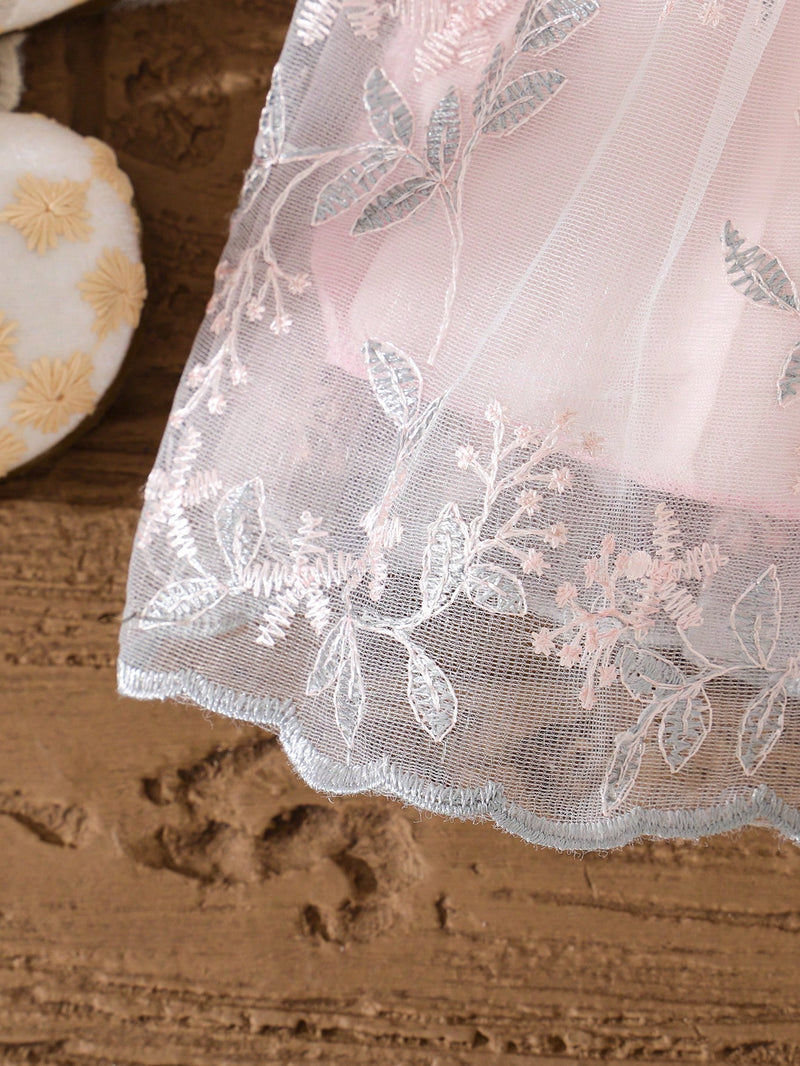 Souflis Souflis Vestido Rodado de Bebê Menina, Primavera, Rosa, Estilo Fofo e Luxuoso em Tecido Tule Fofinho, Decote Redondo, Cintura Abrível com Laço, Adequado para Festa e Reunião
