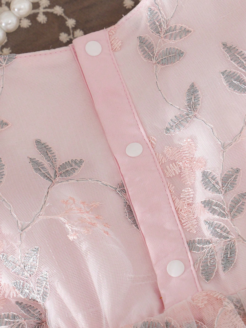 Souflis Souflis Vestido Rodado de Bebê Menina, Primavera, Rosa, Estilo Fofo e Luxuoso em Tecido Tule Fofinho, Decote Redondo, Cintura Abrível com Laço, Adequado para Festa e Reunião