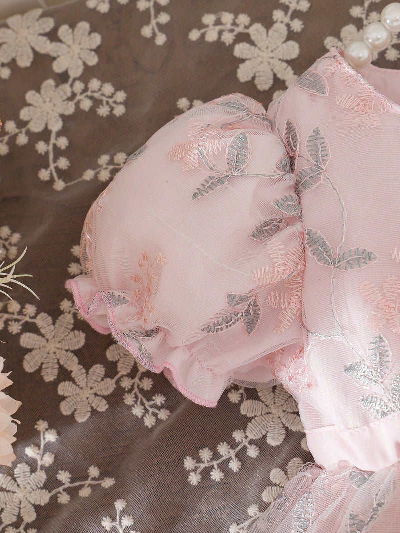 Souflis Souflis Vestido Rodado de Bebê Menina, Primavera, Rosa, Estilo Fofo e Luxuoso em Tecido Tule Fofinho, Decote Redondo, Cintura Abrível com Laço, Adequado para Festa e Reunião