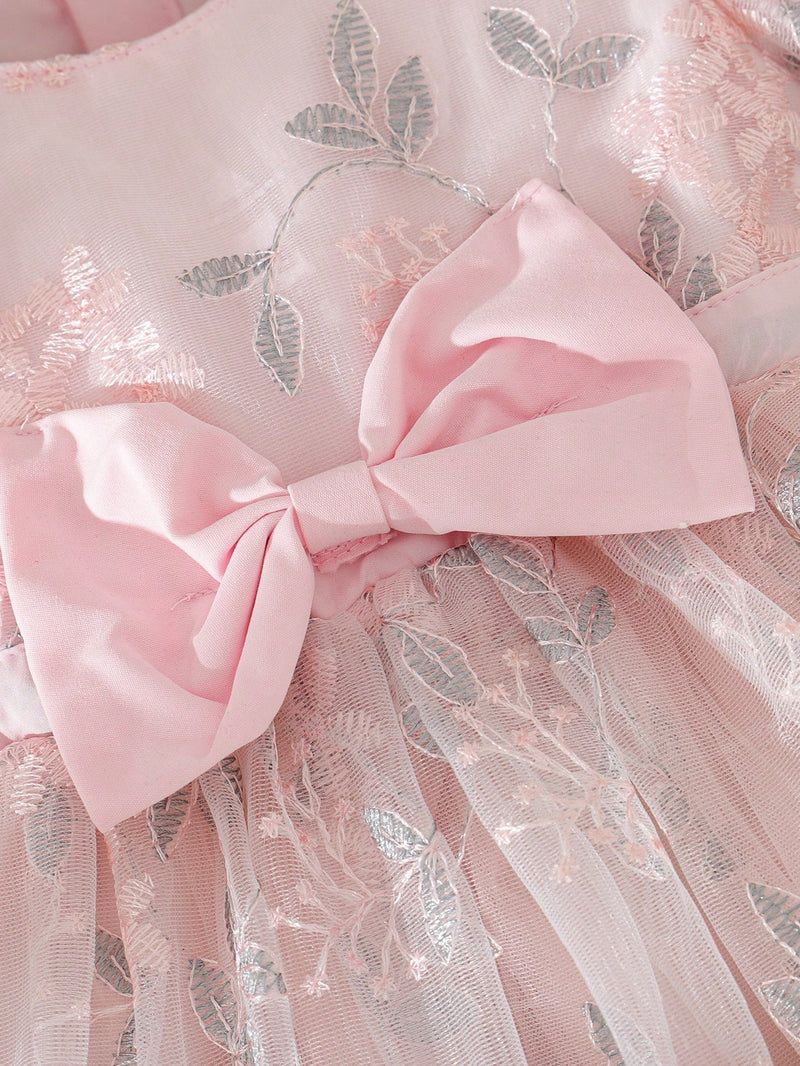 Souflis Souflis Vestido Rodado de Bebê Menina, Primavera, Rosa, Estilo Fofo e Luxuoso em Tecido Tule Fofinho, Decote Redondo, Cintura Abrível com Laço, Adequado para Festa e Reunião