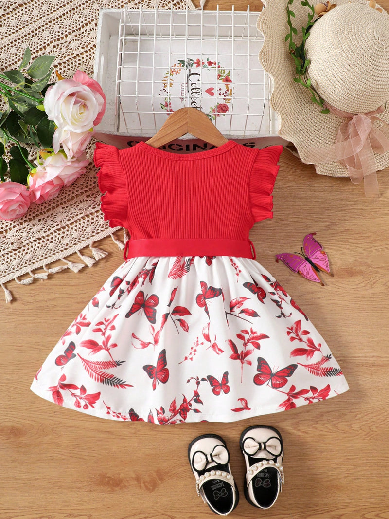 Vestido Fofo Casual e Romântico de Borboleta com Cinto Estampado com Padrão Diário Básico para Bebê Menina, Adequado para Passeios