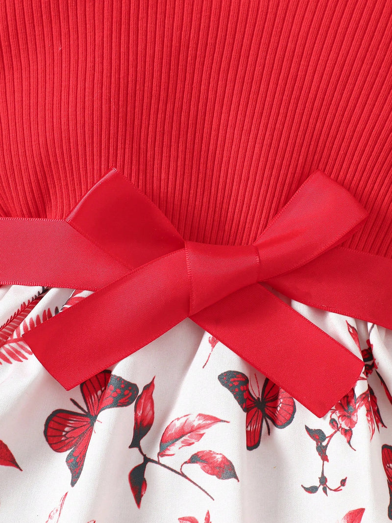 Vestido Fofo Casual e Romântico de Borboleta com Cinto Estampado com Padrão Diário Básico para Bebê Menina, Adequado para Passeios