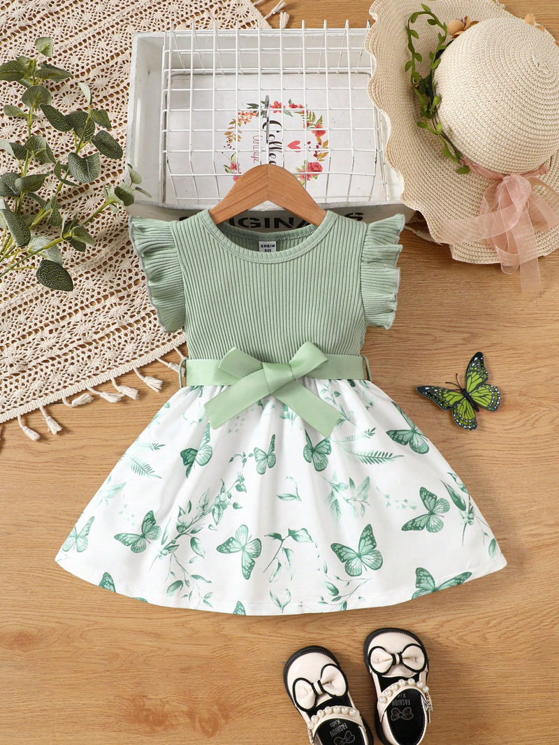 Vestido Fofo Casual e Romântico de Borboleta com Cinto Estampado com Padrão Diário Básico para Bebê Menina, Adequado para Passeios