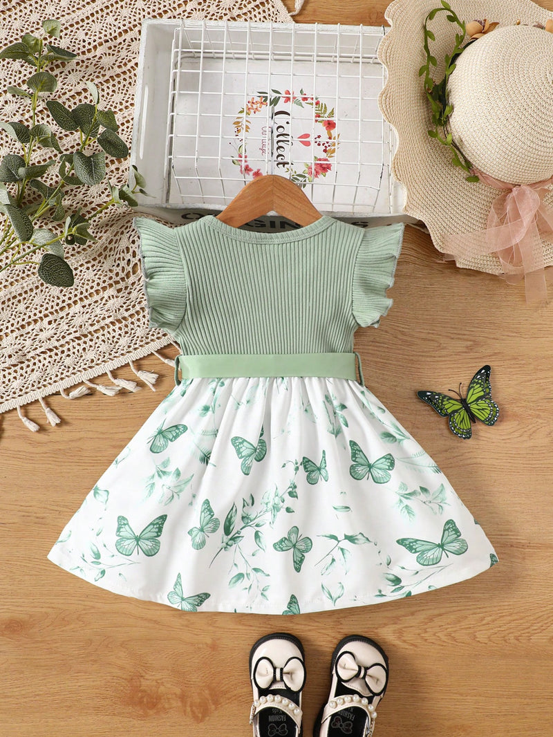Vestido Fofo Casual e Romântico de Borboleta com Cinto Estampado com Padrão Diário Básico para Bebê Menina, Adequado para Passeios