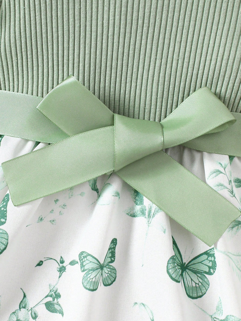 Vestido Fofo Casual e Romântico de Borboleta com Cinto Estampado com Padrão Diário Básico para Bebê Menina, Adequado para Passeios