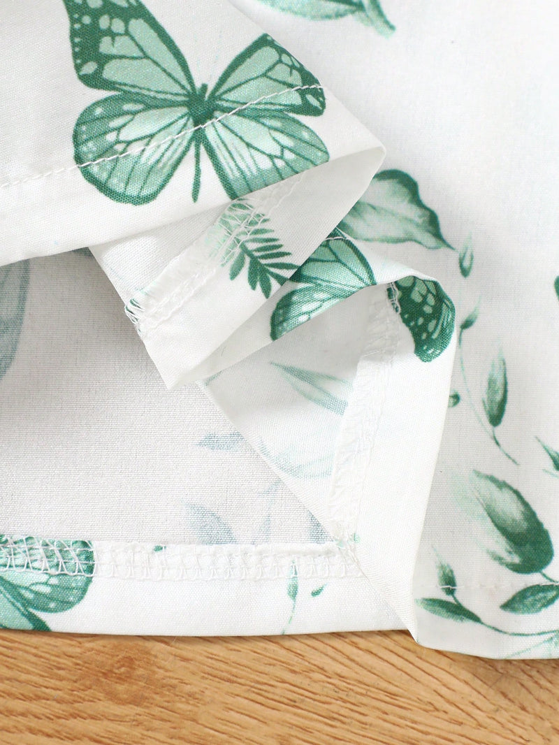 Vestido Fofo Casual e Romântico de Borboleta com Cinto Estampado com Padrão Diário Básico para Bebê Menina, Adequado para Passeios