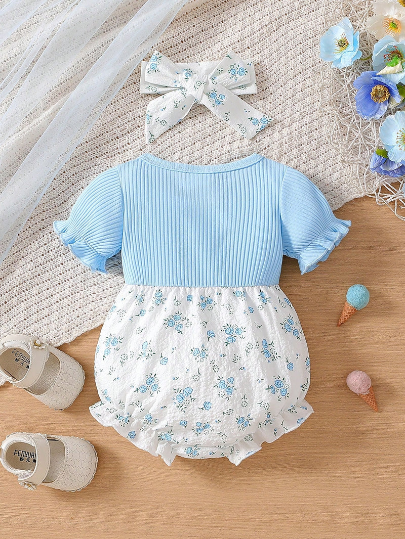 Bodysuit Infantil Feminino Fofo de Floral Miúdo com Colarinho Babado e Textura, com Faixa de Cabeça, Verão