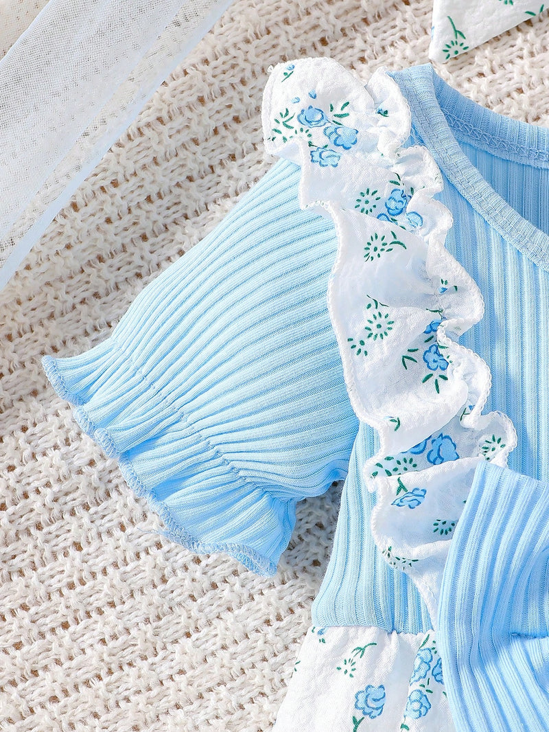 Bodysuit Infantil Feminino Fofo de Floral Miúdo com Colarinho Babado e Textura, com Faixa de Cabeça, Verão
