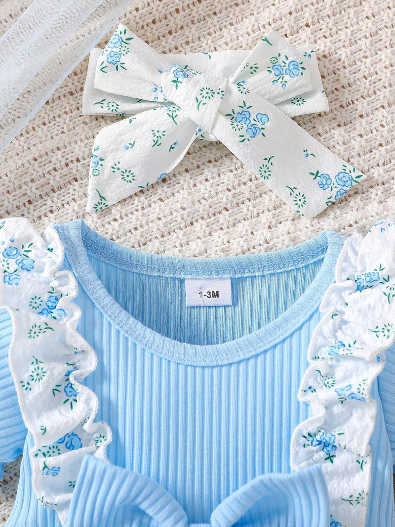 Bodysuit Infantil Feminino Fofo de Floral Miúdo com Colarinho Babado e Textura, com Faixa de Cabeça, Verão
