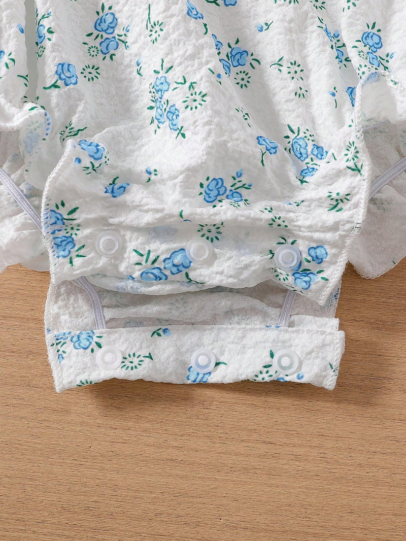 Bodysuit Infantil Feminino Fofo de Floral Miúdo com Colarinho Babado e Textura, com Faixa de Cabeça, Verão