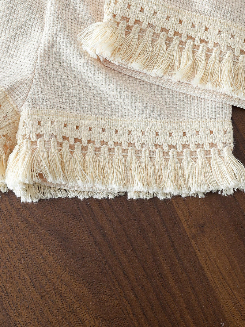 Conjunto de Top Sem Manga com Decoração Floral Texturizada e Shorts com Franjas Abricó Estilo Waffle, em Estilo Boêmio Casual para Bebê Menina, Adequado para Férias e Passeios Casuais