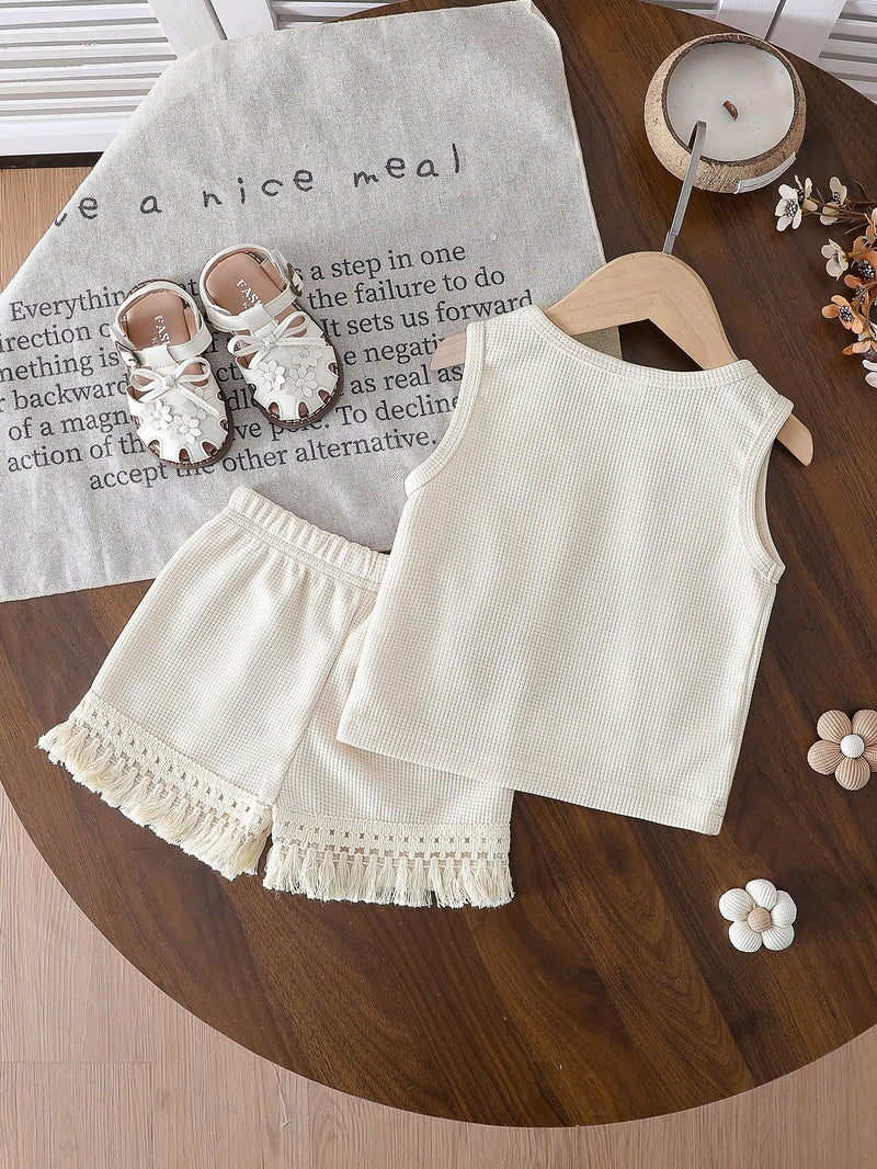 Conjunto de Top Sem Manga com Decoração Floral Texturizada e Shorts com Franjas Abricó Estilo Waffle, em Estilo Boêmio Casual para Bebê Menina, Adequado para Férias e Passeios Casuais