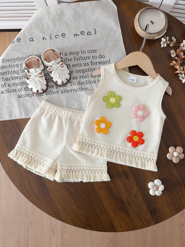 Conjunto de Top Sem Manga com Decoração Floral Texturizada e Shorts com Franjas Abricó Estilo Waffle, em Estilo Boêmio Casual para Bebê Menina, Adequado para Férias e Passeios Casuais