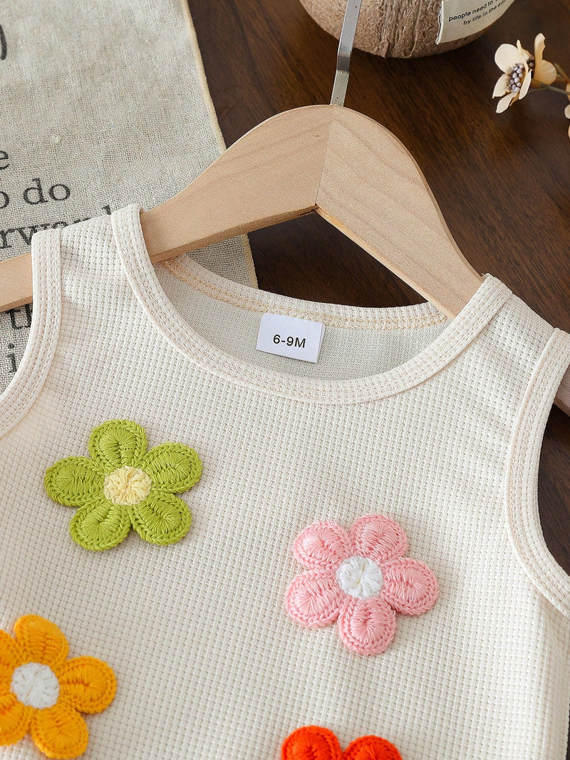 Conjunto de Top Sem Manga com Decoração Floral Texturizada e Shorts com Franjas Abricó Estilo Waffle, em Estilo Boêmio Casual para Bebê Menina, Adequado para Férias e Passeios Casuais