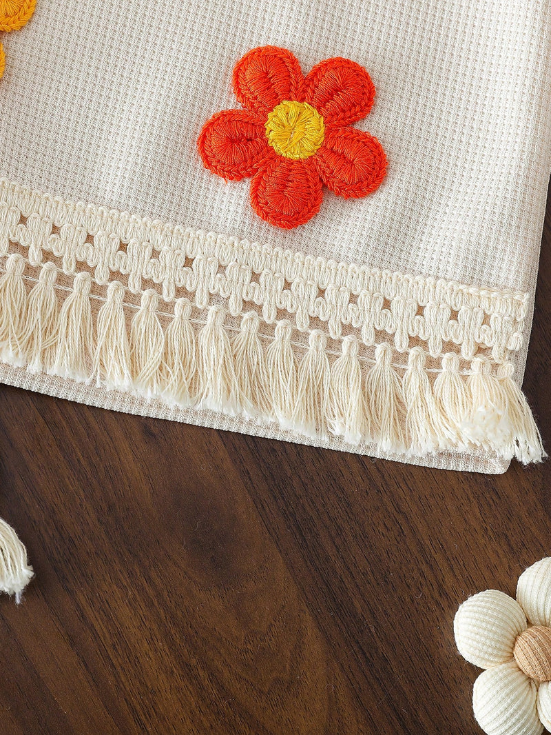 Conjunto de Top Sem Manga com Decoração Floral Texturizada e Shorts com Franjas Abricó Estilo Waffle, em Estilo Boêmio Casual para Bebê Menina, Adequado para Férias e Passeios Casuais
