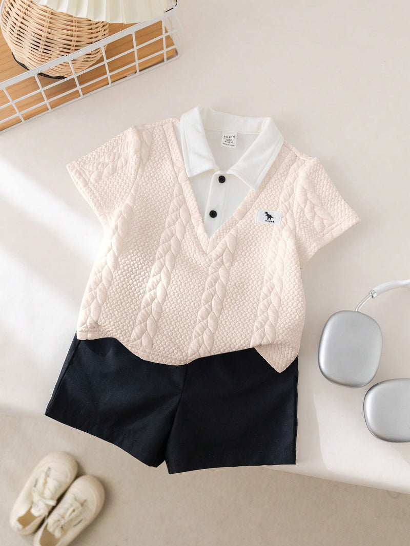 Conjunto de 2 peças Top Polo Fofa e Shorts de Cintura Elástica para Bebê Menino, Primavera/Verão, Adequado para Festa de Aniversário, Evento da Noite, Apresentação, Casamento, Chá de Bebê, Batizado, Comemoração do Primeiro Aniversário