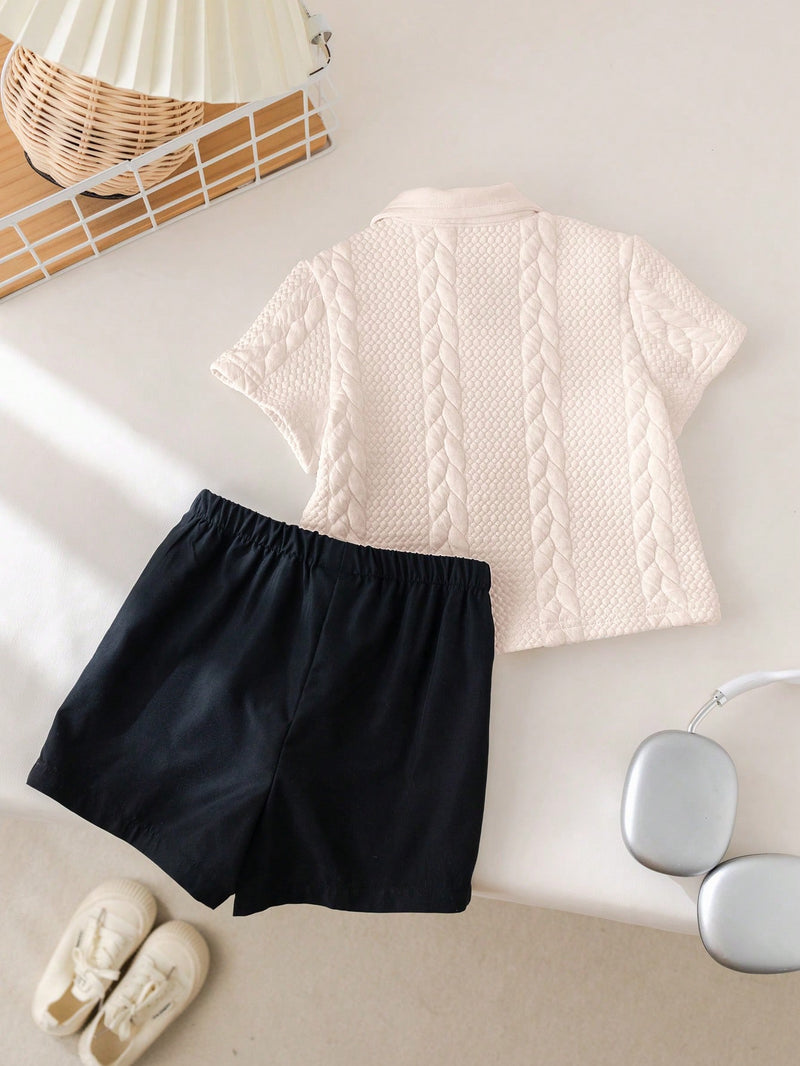 Conjunto de 2 peças Top Polo Fofa e Shorts de Cintura Elástica para Bebê Menino, Primavera/Verão, Adequado para Festa de Aniversário, Evento da Noite, Apresentação, Casamento, Chá de Bebê, Batizado, Comemoração do Primeiro Aniversário