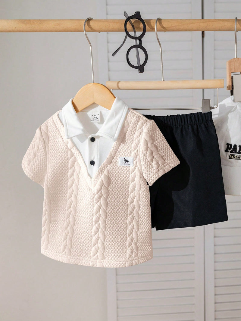 Conjunto de 2 peças Top Polo Fofa e Shorts de Cintura Elástica para Bebê Menino, Primavera/Verão, Adequado para Festa de Aniversário, Evento da Noite, Apresentação, Casamento, Chá de Bebê, Batizado, Comemoração do Primeiro Aniversário