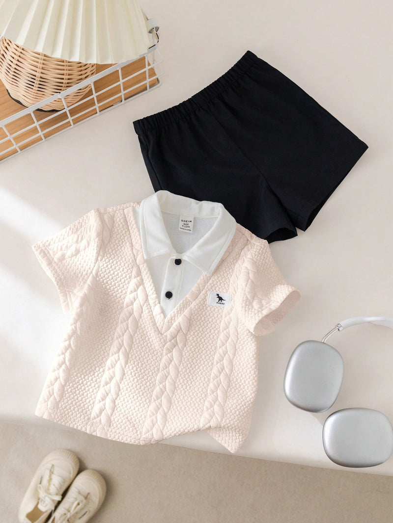 Conjunto de 2 peças Top Polo Fofa e Shorts de Cintura Elástica para Bebê Menino, Primavera/Verão, Adequado para Festa de Aniversário, Evento da Noite, Apresentação, Casamento, Chá de Bebê, Batizado, Comemoração do Primeiro Aniversário