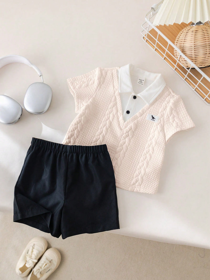 Conjunto de 2 peças Top Polo Fofa e Shorts de Cintura Elástica para Bebê Menino, Primavera/Verão, Adequado para Festa de Aniversário, Evento da Noite, Apresentação, Casamento, Chá de Bebê, Batizado, Comemoração do Primeiro Aniversário