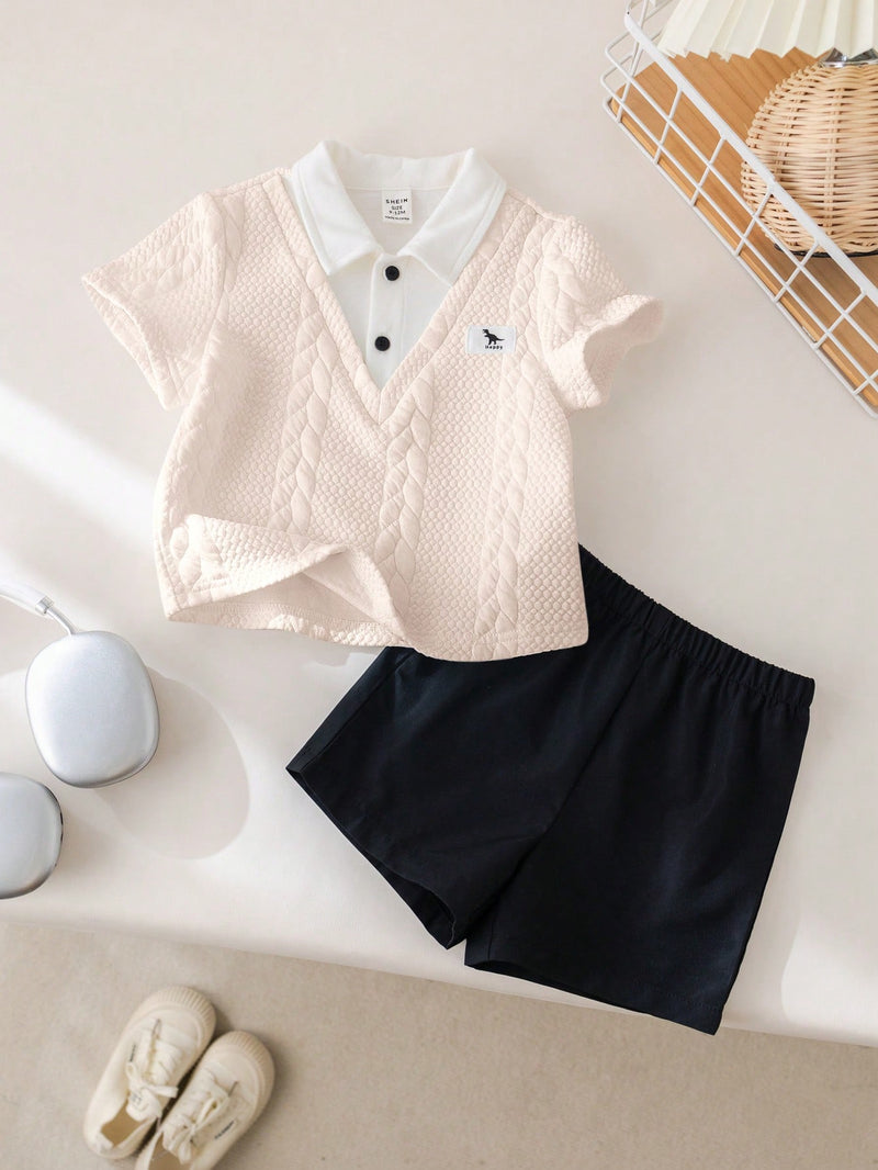 Conjunto de 2 peças Top Polo Fofa e Shorts de Cintura Elástica para Bebê Menino, Primavera/Verão, Adequado para Festa de Aniversário, Evento da Noite, Apresentação, Casamento, Chá de Bebê, Batizado, Comemoração do Primeiro Aniversário