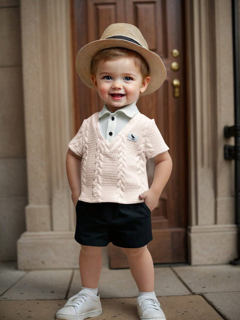 Conjunto de 2 peças Top Polo Fofa e Shorts de Cintura Elástica para Bebê Menino, Primavera/Verão, Adequado para Festa de Aniversário, Evento da Noite, Apresentação, Casamento, Chá de Bebê, Batizado, Comemoração do Primeiro Aniversário