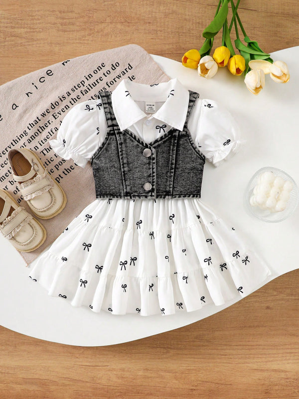 2 Peças Conjunto Casual Fofo de Vestido com Padrão de Laço e Colete Denim de Botão Único para Bebê Menina