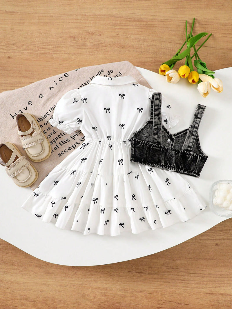 2 Peças Conjunto Casual Fofo de Vestido com Padrão de Laço e Colete Denim de Botão Único para Bebê Menina