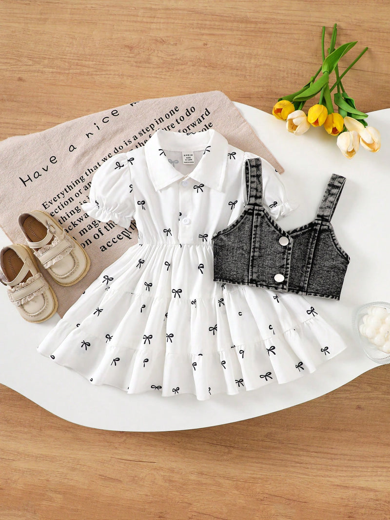 2 Peças Conjunto Casual Fofo de Vestido com Padrão de Laço e Colete Denim de Botão Único para Bebê Menina