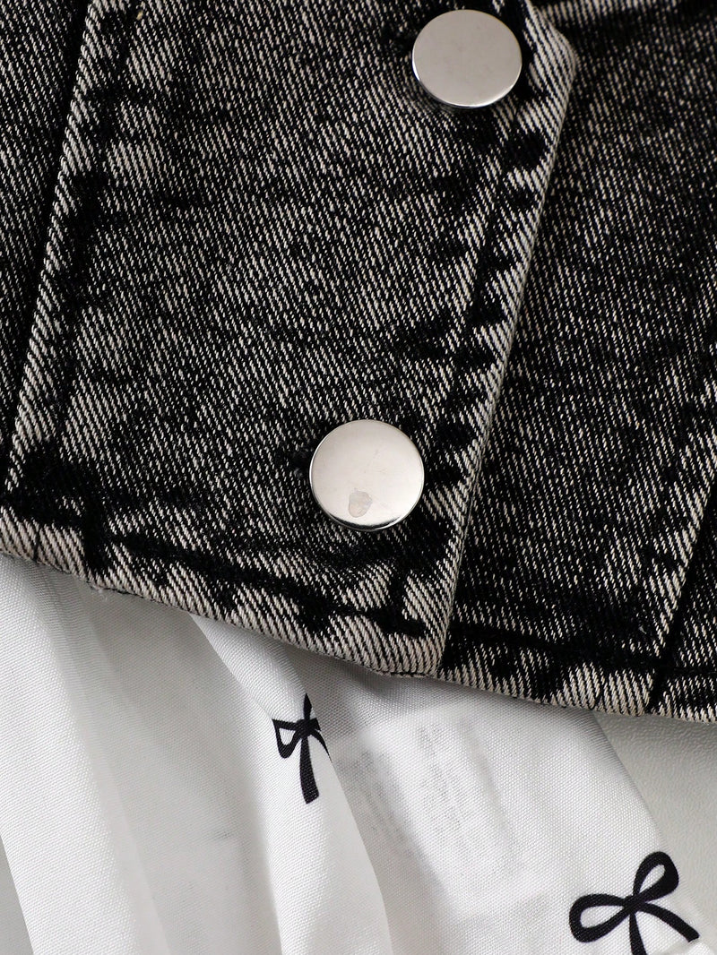 2 Peças Conjunto Casual Fofo de Vestido com Padrão de Laço e Colete Denim de Botão Único para Bebê Menina