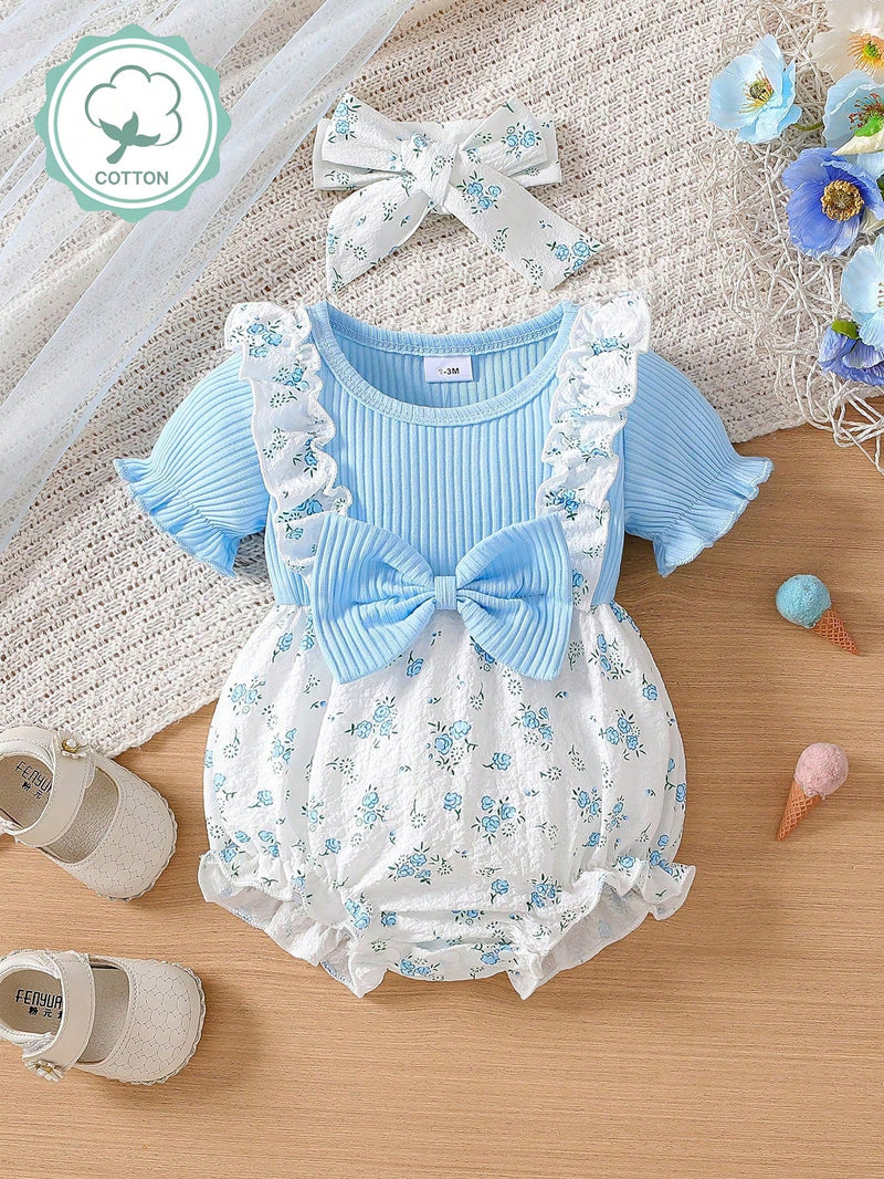 Bodysuit Infantil Feminino Fofo de Floral Miúdo com Colarinho Babado e Textura, com Faixa de Cabeça, Verão