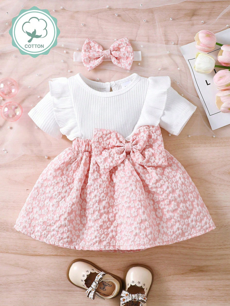 2 Peças Conjunto Vestido Floral Estampa Miúda e Lenço de Cabeça Simples Casual Diário para Bebê Menina