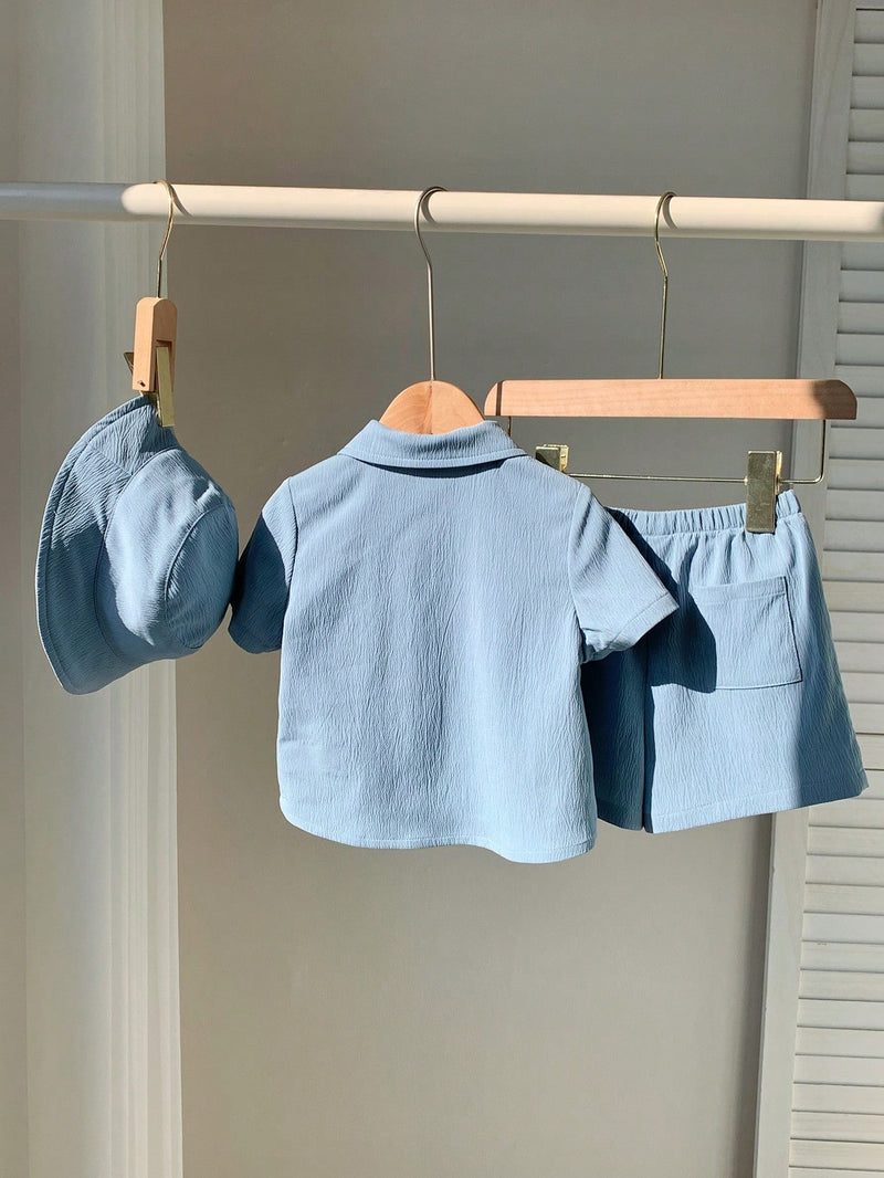 3 peças/Conjunto Cardigan de Manga Curta com Gola Bordada para Bebê Menino, Shorts com Cintura Elástica e Chapéu