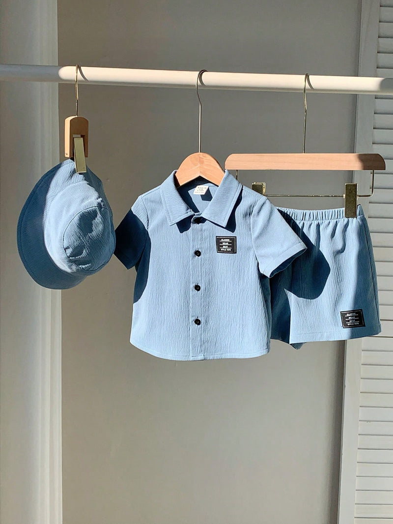 3 peças/Conjunto Cardigan de Manga Curta com Gola Bordada para Bebê Menino, Shorts com Cintura Elástica e Chapéu