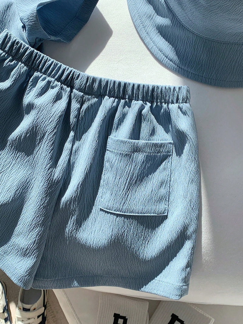 3 peças/Conjunto Cardigan de Manga Curta com Gola Bordada para Bebê Menino, Shorts com Cintura Elástica e Chapéu