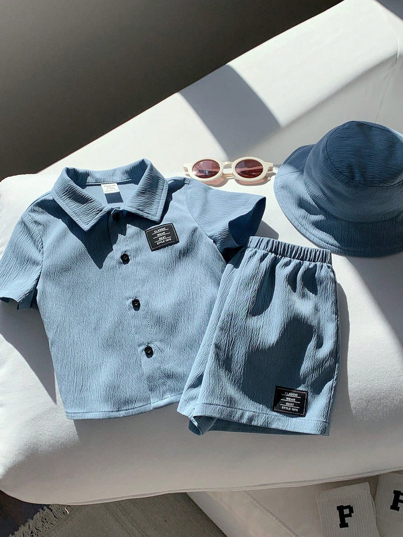 3 peças/Conjunto Cardigan de Manga Curta com Gola Bordada para Bebê Menino, Shorts com Cintura Elástica e Chapéu