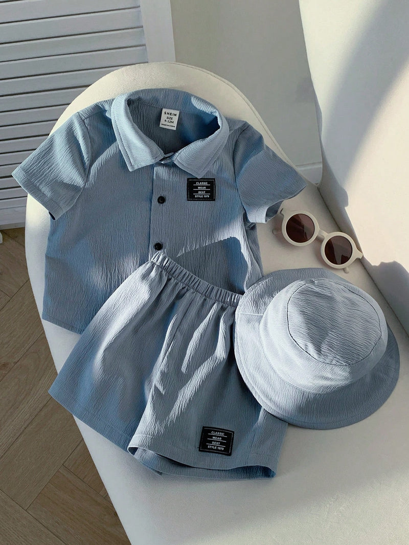 3 peças/Conjunto Cardigan de Manga Curta com Gola Bordada para Bebê Menino, Shorts com Cintura Elástica e Chapéu