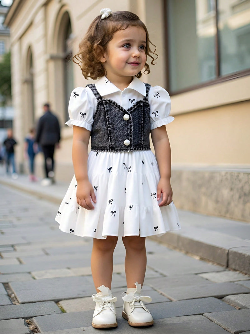 2 Peças Conjunto Casual Fofo de Vestido com Padrão de Laço e Colete Denim de Botão Único para Bebê Menina