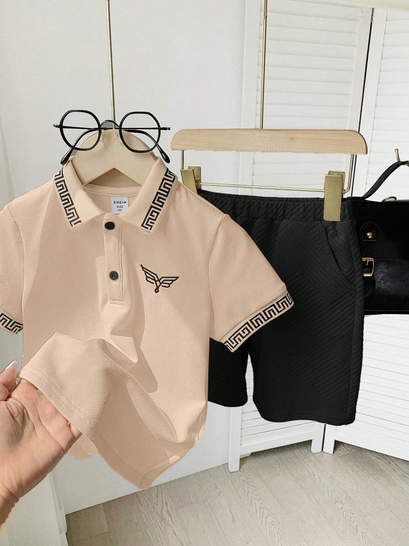 2 peças/Conjunto Camisa Polo Clássica Bordada e Shorts Esportivos para Meninos Jovens, Conjunto Casual