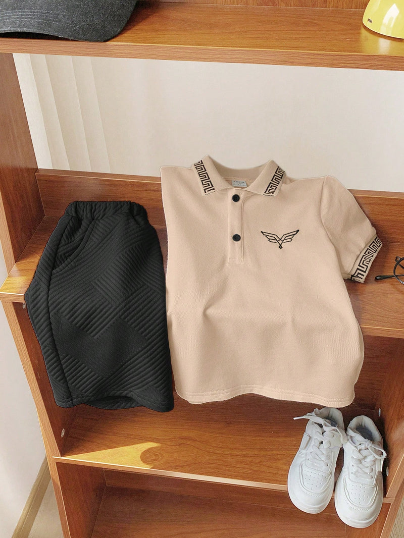 2 peças/Conjunto Camisa Polo Clássica Bordada e Shorts Esportivos para Meninos Jovens, Conjunto Casual