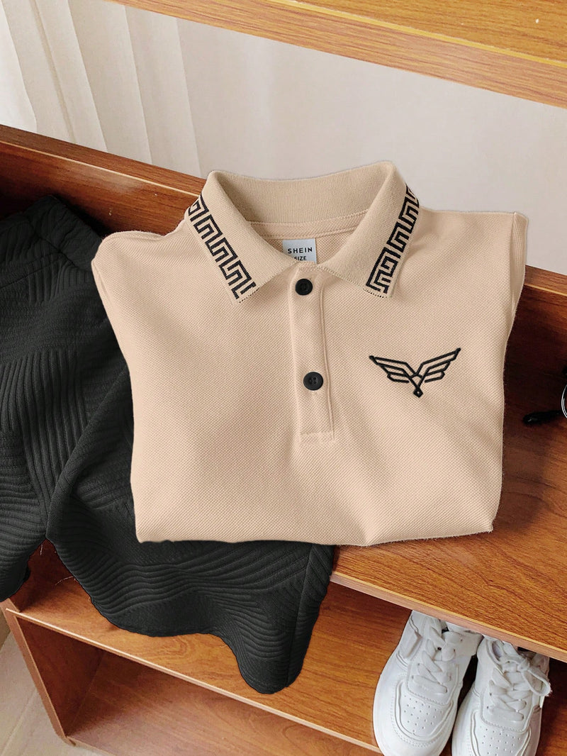 2 peças/Conjunto Camisa Polo Clássica Bordada e Shorts Esportivos para Meninos Jovens, Conjunto Casual