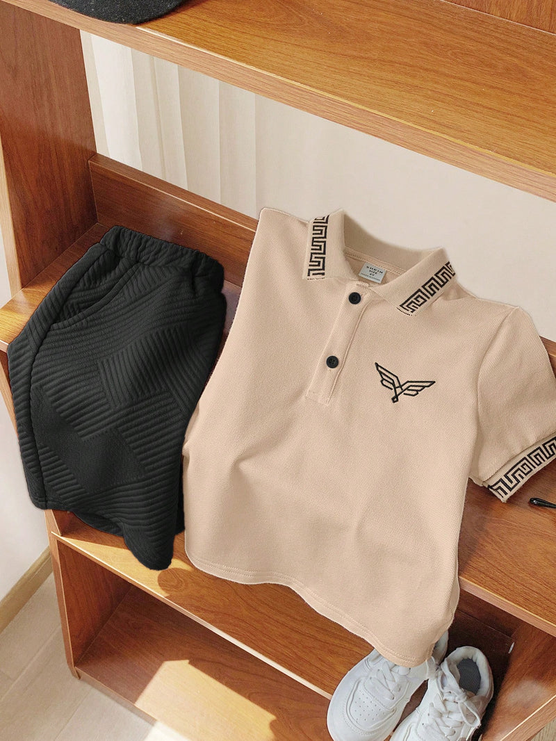 2 peças/Conjunto Camisa Polo Clássica Bordada e Shorts Esportivos para Meninos Jovens, Conjunto Casual